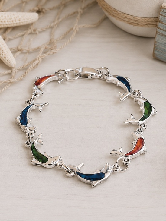 Jewelry - Silver Colorful Dolphin Link Bracelet | Nautical Ocean Beach Jewelry | Charm
